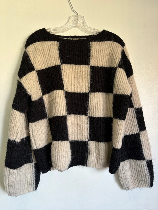 Sweaters - Checkerboard Knit Sweater - Black & Cream